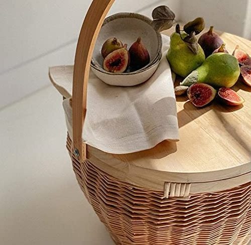 Picnic Cooler Basket with Removable Lid Round Wooden Handles Camping Picnic Wicker Willow Baskets