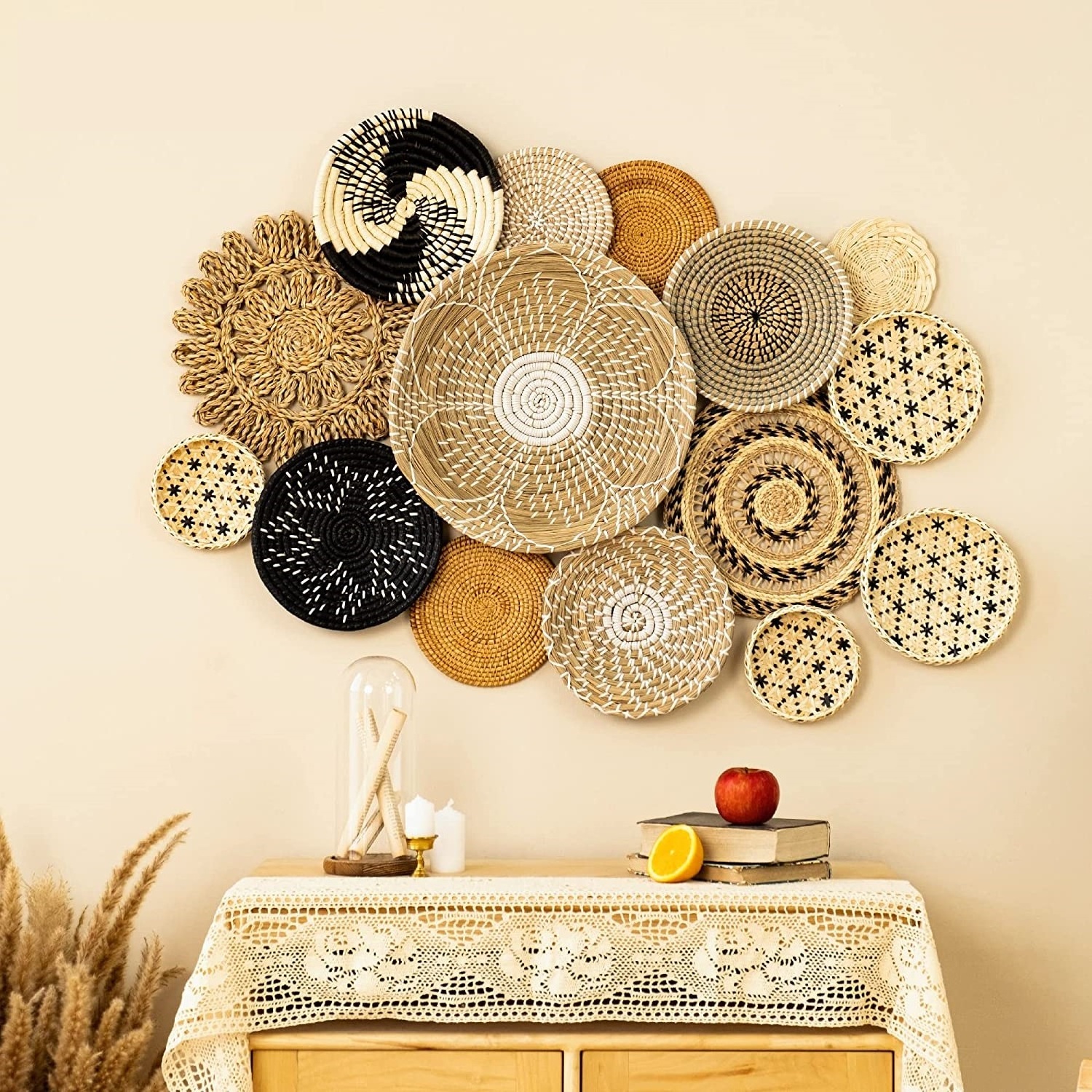 Wicker Natural Rattan Wall Plate for Art Decor Flower Fruit Plant Woven Storage Baskets Seagrass Wall Decor Hanging Basket Set