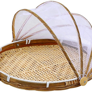 Hand-Woven Food Serving Basket with Gauze - Bug-Proof Dustproof Round Picnic Basket Food Tent Cover Storage Container for Home