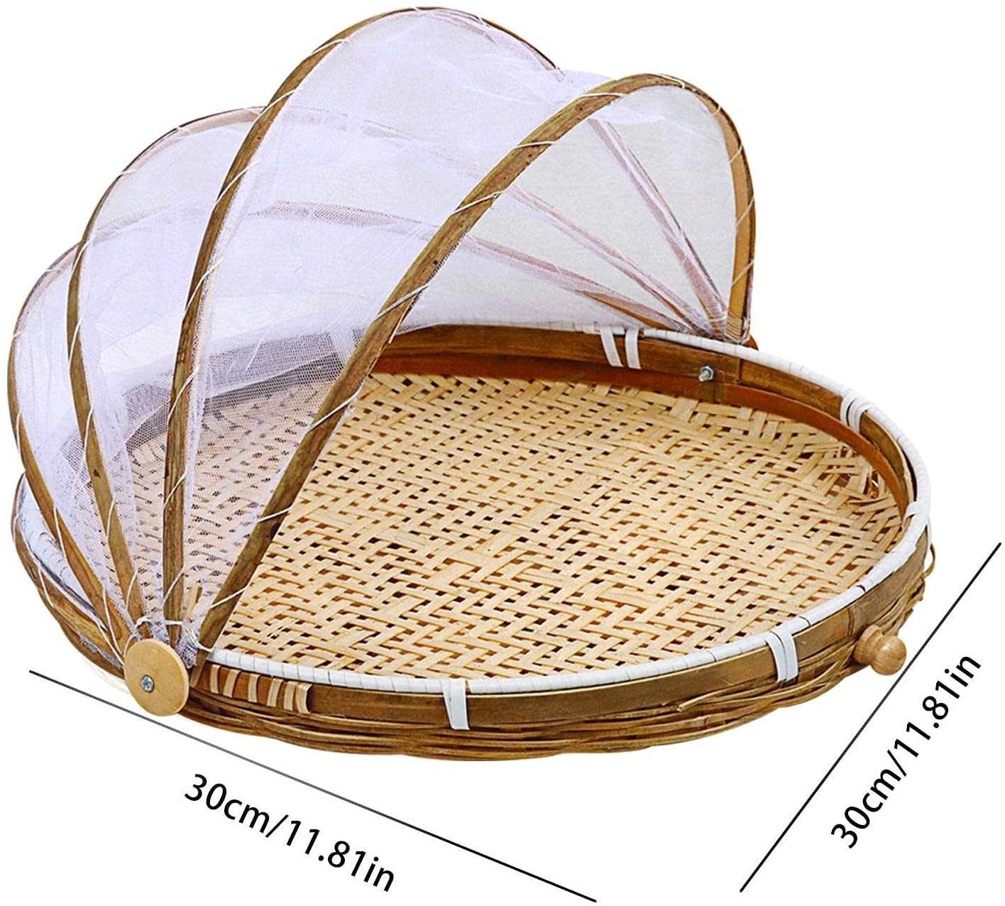 Hand-Woven Food Serving Basket with Gauze - Bug-Proof Dustproof Round Picnic Basket Food Tent Cover Storage Container for Home