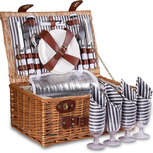 Natural Double Folding Handles Willow Basket with Lid Handle Blanket 4 Person Wicker Picnic Baskets Set for storage organizing