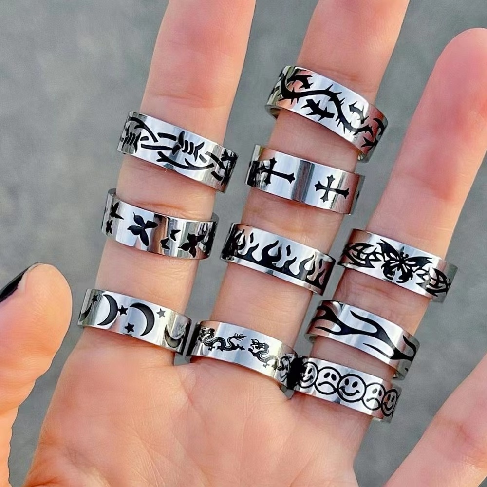 Ring Rock Flame Cross Butterfly Ring Bake Painted Titanium Steel Hip Hop Punk Trendy Stainless Steel Silver Plated Silver Gold