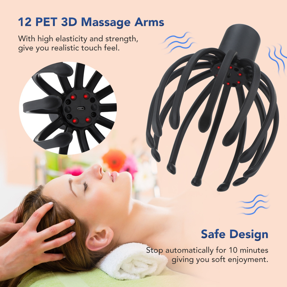 Elastic Led Red Light 3 Levels Vibration Cordless Usb Rechargeable Octopus Claw Hair Scalp Head Massager Octopus