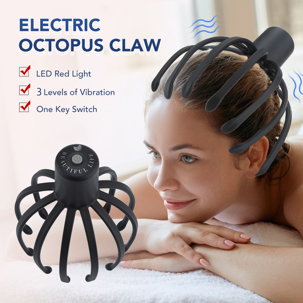 Elastic Led Red Light 3 Levels Vibration Cordless Usb Rechargeable Octopus Claw Hair Scalp Head Massager Octopus