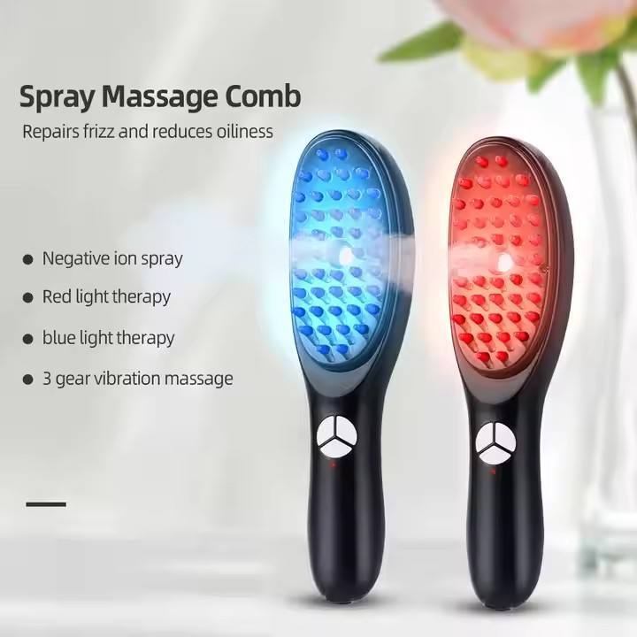 Anti Hair Loss Scalp Care Electric Massage Comb Vibration Led Blue Red Light Spray Applicator Electric Scalp Massage Comb