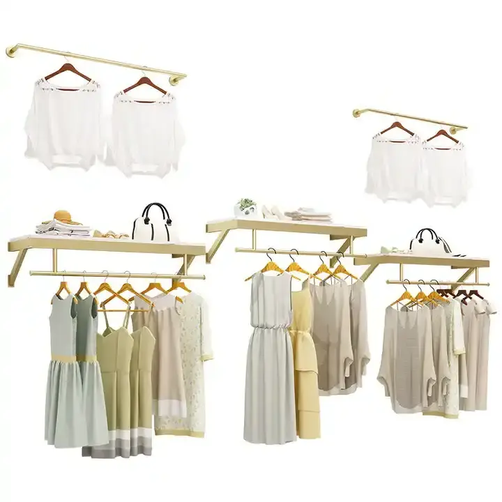 Space-saving Cheaper Square Gold Metal Retail Clothing Display Rack Shop Fitting Clothes Display Racks Wall Mounted Garment Rack