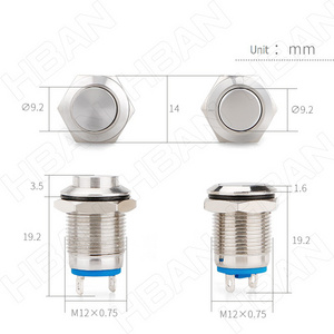 1no flat head metal reset 4pin 12mm momentary push button antivandal switch round