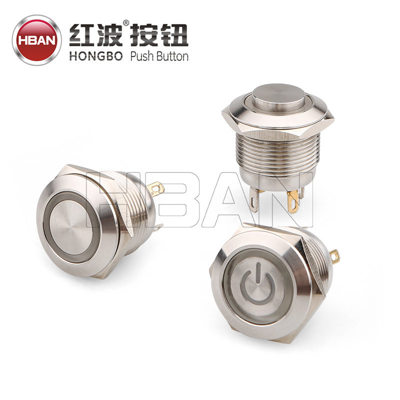 Momentary flat round head ring illumination power symbol small push 19mm metal switch button led 24v