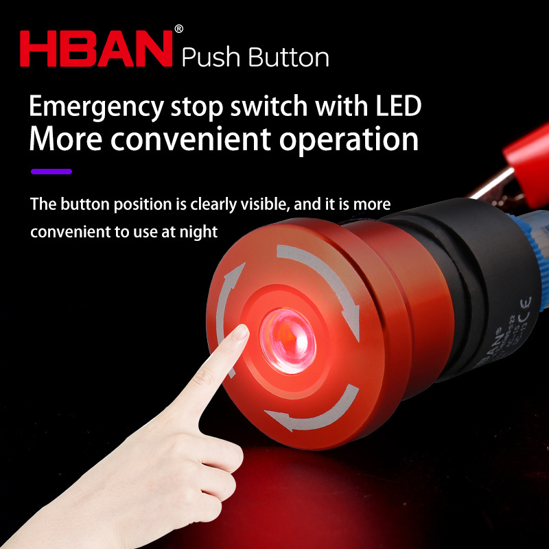 hban 1NO1NC plastic red mushroom head twist release on-off push button emergency stop switch