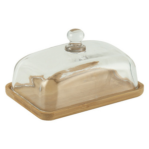 Serving Cake Dome- Clear Glass Cloche Food Display Cover with Square Wooden Base