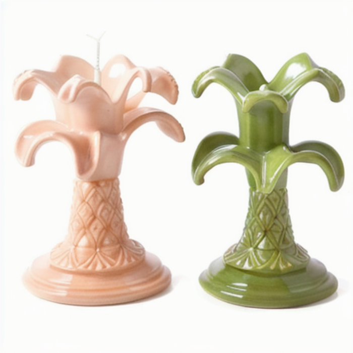 Custom boho chic exquisite ceramic plant candle stand porcelain palm tree candlestick holder