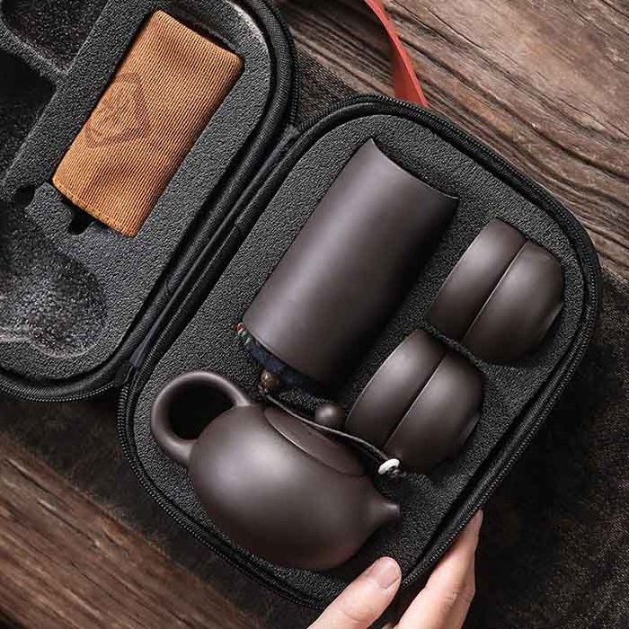 Mini Travel Ceramic Tea Pot Set Chinese KungFu Teapot, 1 Pot 4 Cups 1 caddy 1 Tea Infuser Portable Bag for Travel picnic