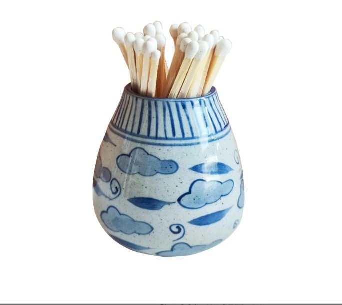 Purely Handmade Ceramic Jars - Fits all Matches, Candle Accessories Pottery Hand Painting Clouds, Match Striker Jar for Cute