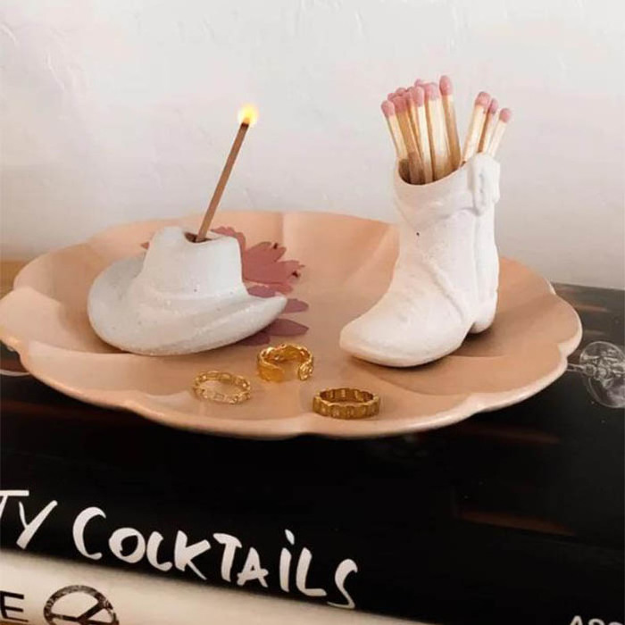 Ceramic Cowboy Boot Match Holder and Cowboy Hat Incense Holder Set