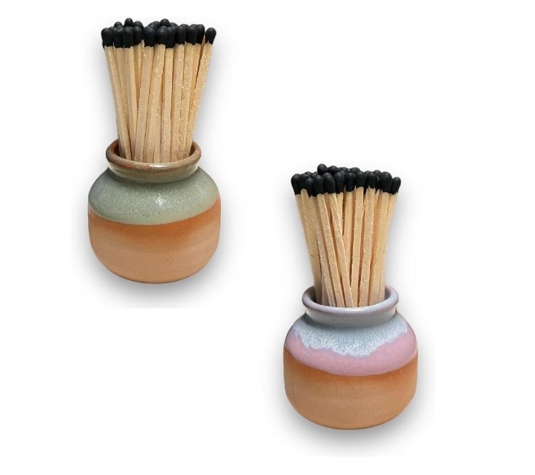 Ceramic Match Holders with Striker - Decorative Home Decor Set of 2 | Fancy Matches Jar, Mantel & Bathroom  Pottery Match Holder