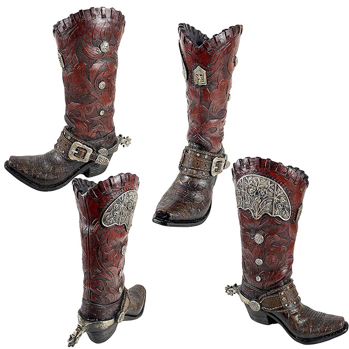 Large Brown Cowboy Boot and Spurs Flower Vase Decorative Cowboy Boots Vases