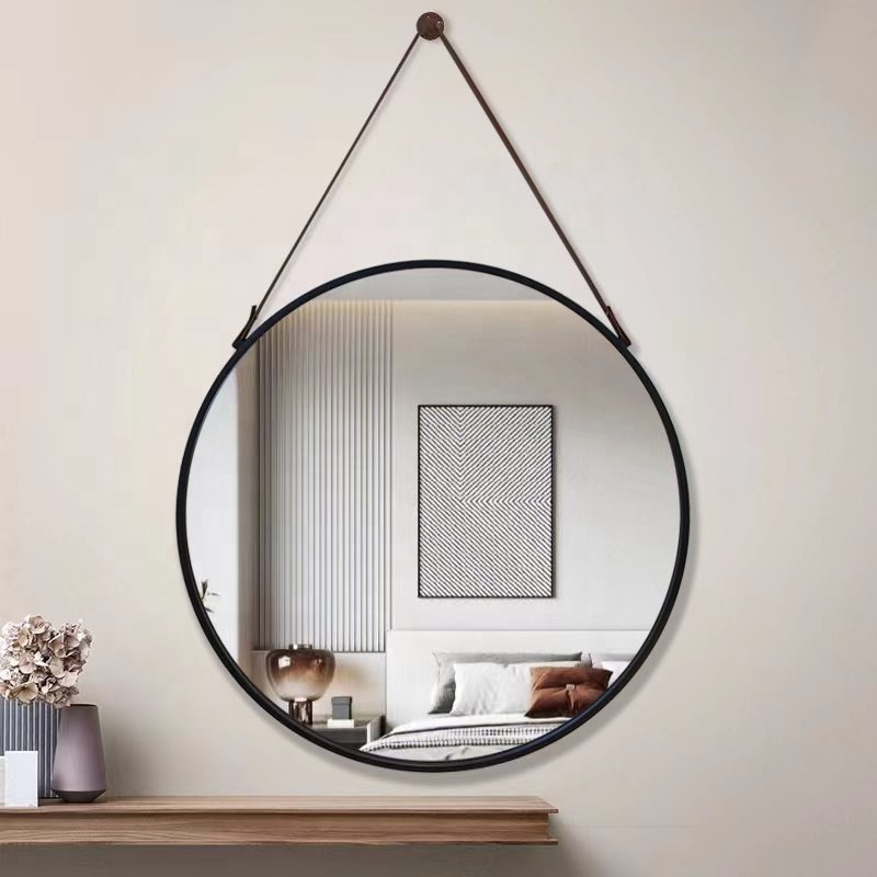 Customized Circular Framed Art Decor Wall Adhesive Mirror Living Room or Bathroom Decor Mirror Glass Round With Belt