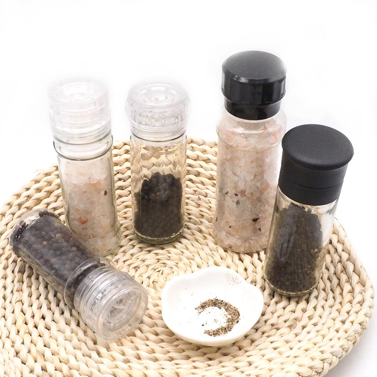 Free sample glass salt grinder bottle 80ml,  travel 100ml salt pepper grinder bottles plastic grinder black