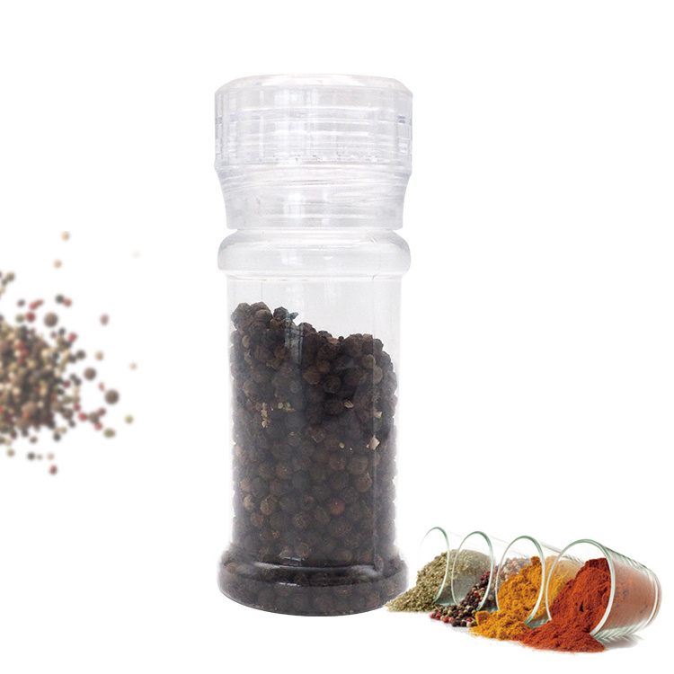 Free sample glass salt grinder bottle 80ml,  travel 100ml salt pepper grinder bottles plastic grinder black