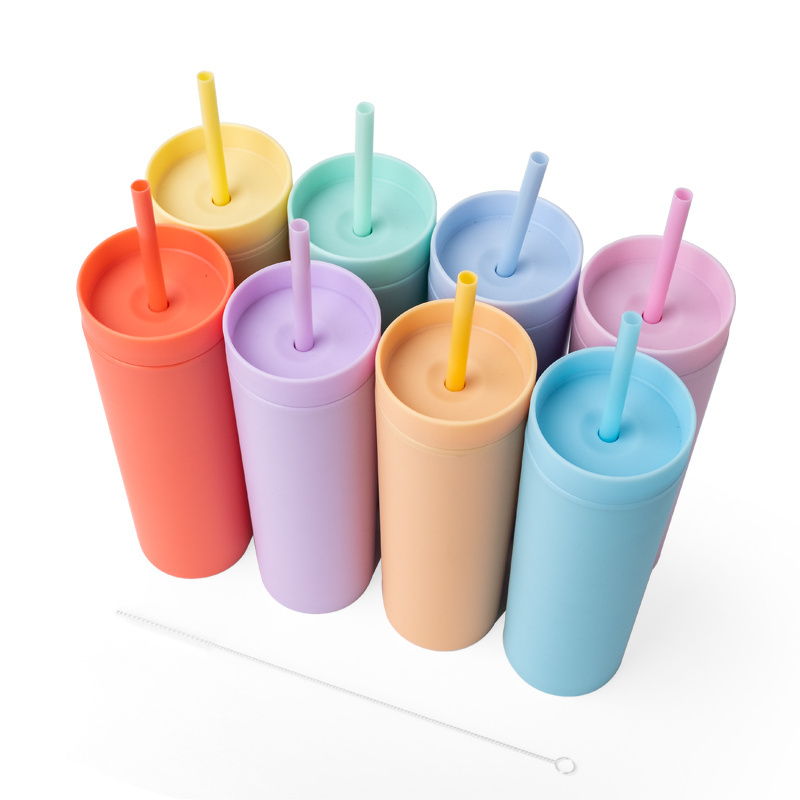 Factory Custom Logo Multi Color 16oz Double Wall Plastic Tumblers Reusable Skinny Tumbler Cup with straw and Lid