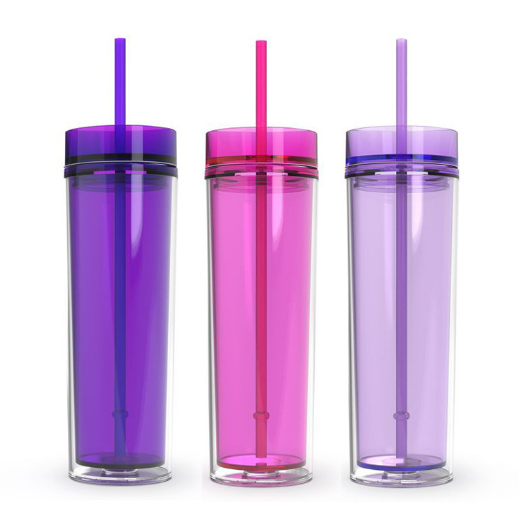 16oz Plastic Tumbler Cups Double Wall Mug Insulated Reusable Tumbler Clear Skinny Tumbler