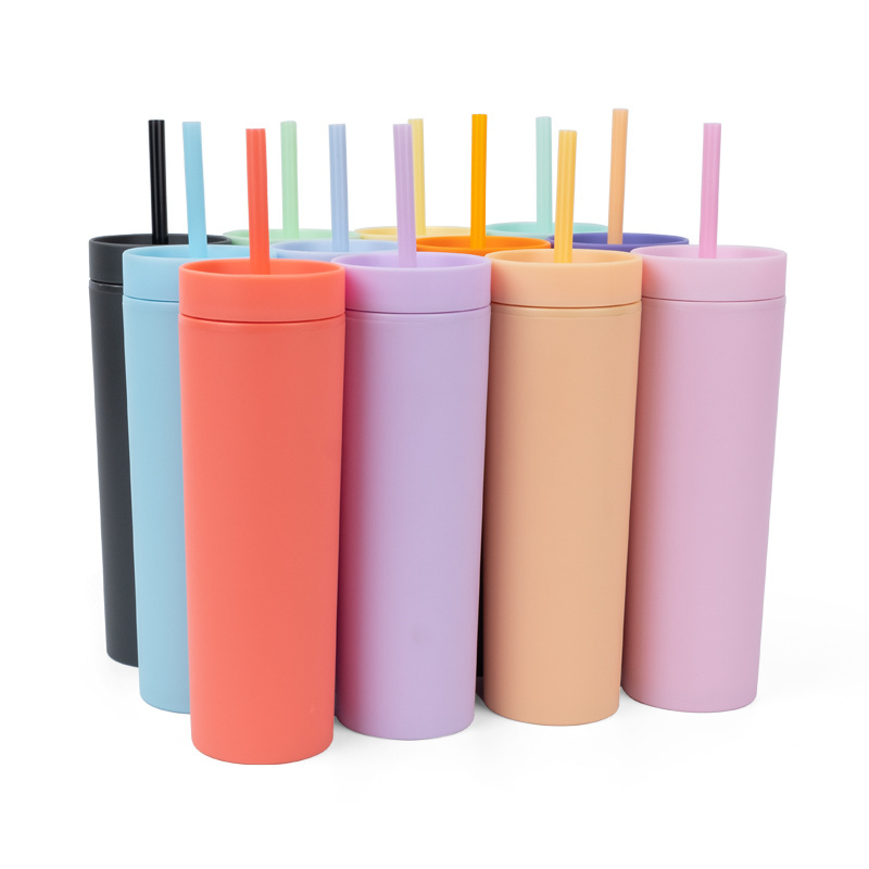 Factory Custom Logo Multi Color 16oz Double Wall Plastic Tumblers Reusable Skinny Tumbler Cup with straw and Lid