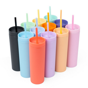 Factory Custom Logo Multi Color 16oz Double Wall Plastic Tumblers Reusable Skinny Tumbler Cup with straw and Lid