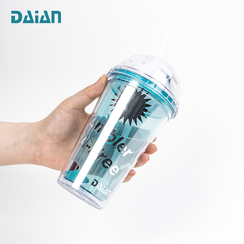 High Quality Double Wall Dome Lid 16oz Acrylic Clear Plastic Tumbler with Straw