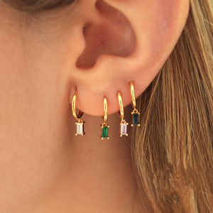 DAICY fashion trendy women Gold plated huggie hoop earrings with emerald coloured pendant charm earrings