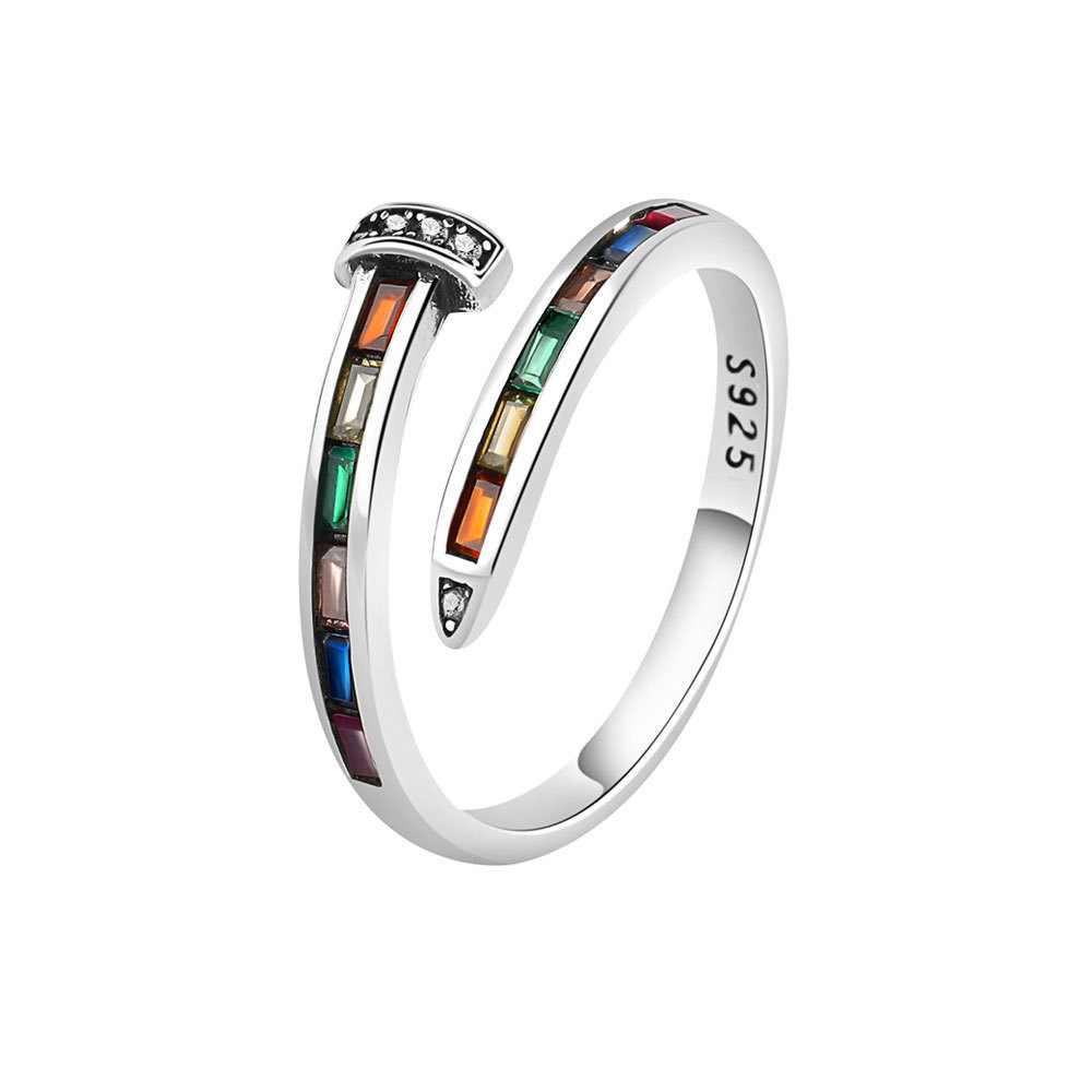 Daidan Nail Ring Jewelry Finger Rainbow 100% 925 Sterling Silver Colorful Zircon Nail Rings