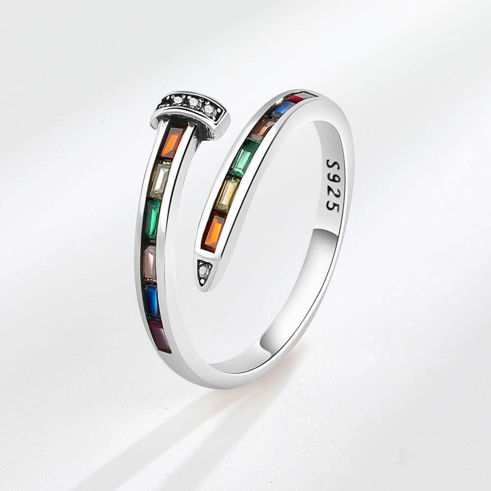 Daidan Nail Ring Jewelry Finger Rainbow 100% 925 Sterling Silver Colorful Zircon Nail Rings