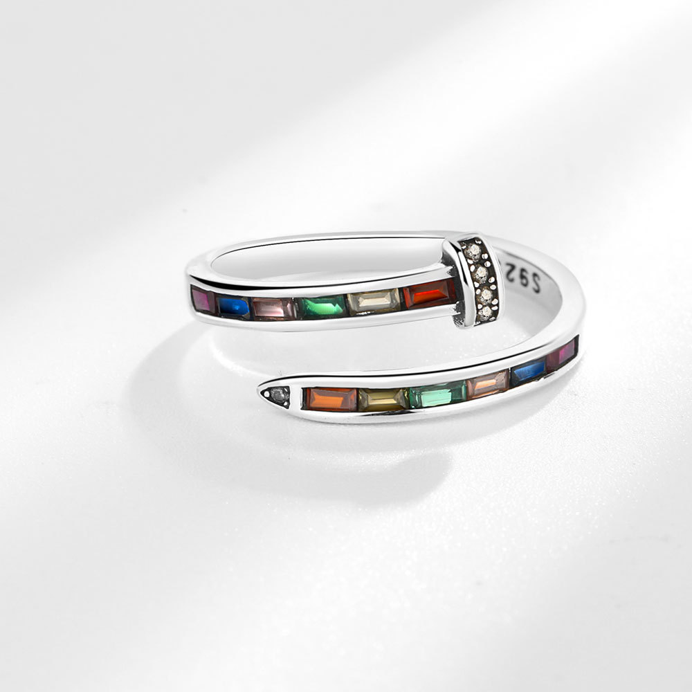 Daidan Nail Ring Jewelry Finger Rainbow 100% 925 Sterling Silver Colorful Zircon Nail Rings