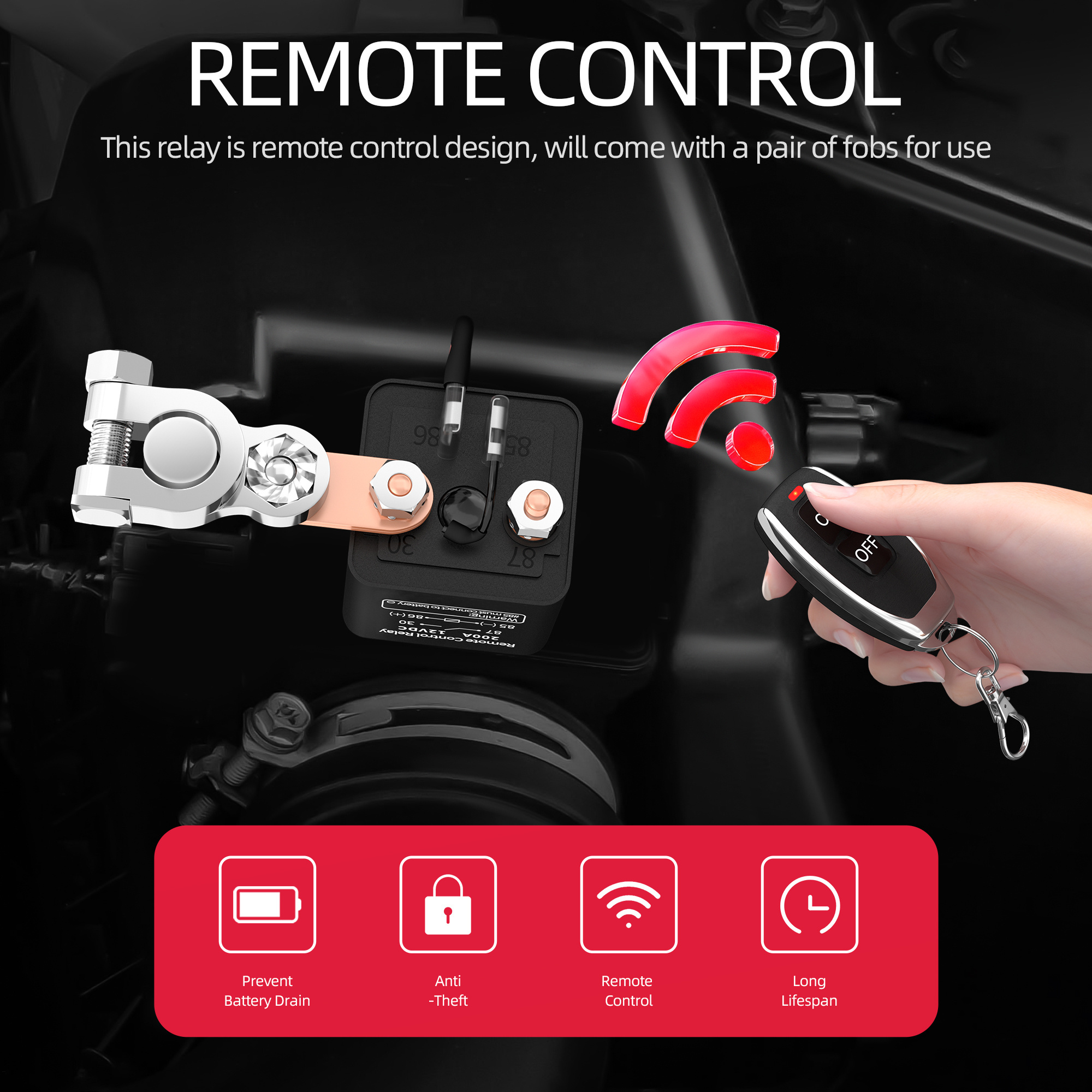 200A 12V DC Wireless Car Kill Anti-Theft Switch Automotive Relay Remote Battery Disconnect Switch With 2 Wireless Keys Control