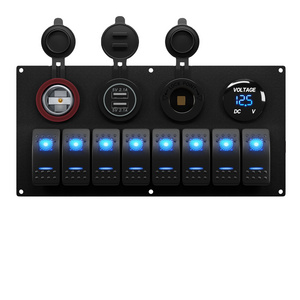 12 Volt Rocker Toggle Switch Panel Waterproof 8 Gang Blue LED Lighted 12V Boat Switch Panel for Marine Automotive Car Truck RV