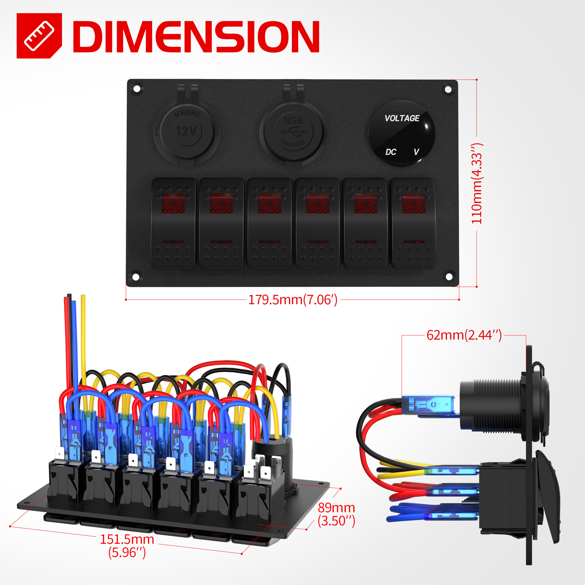 Waterproof Car Switch Panel 12V Marine 6 Gang Switch Panel With USB Cigarette Lighter Socket Voltmeter for Boat