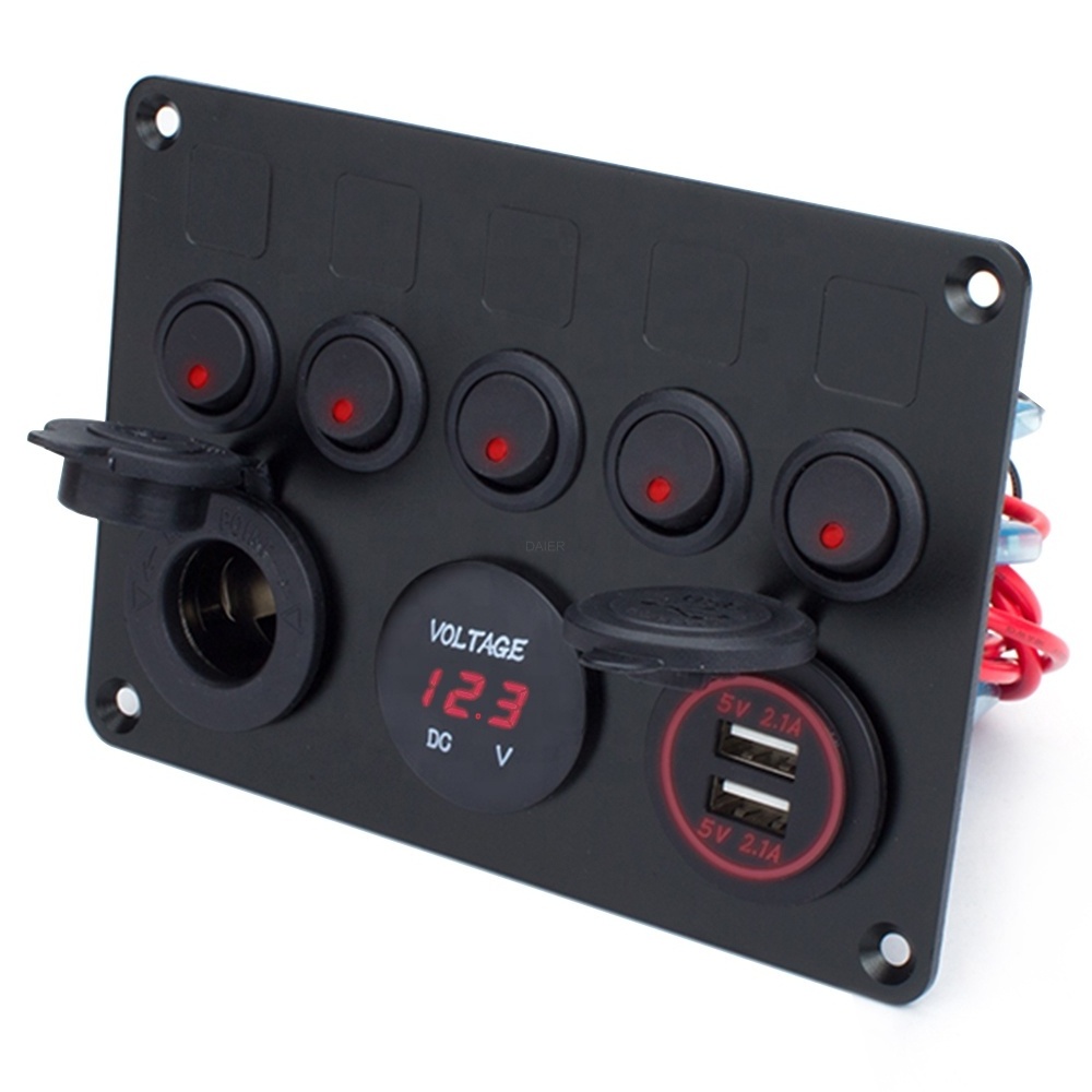 IP65 12V 5 Gang 4.2A Dual Cigarette Light Socket Voltmeter Display ON OFF Marine Rocker Instrument Switch Panel With USB Charger