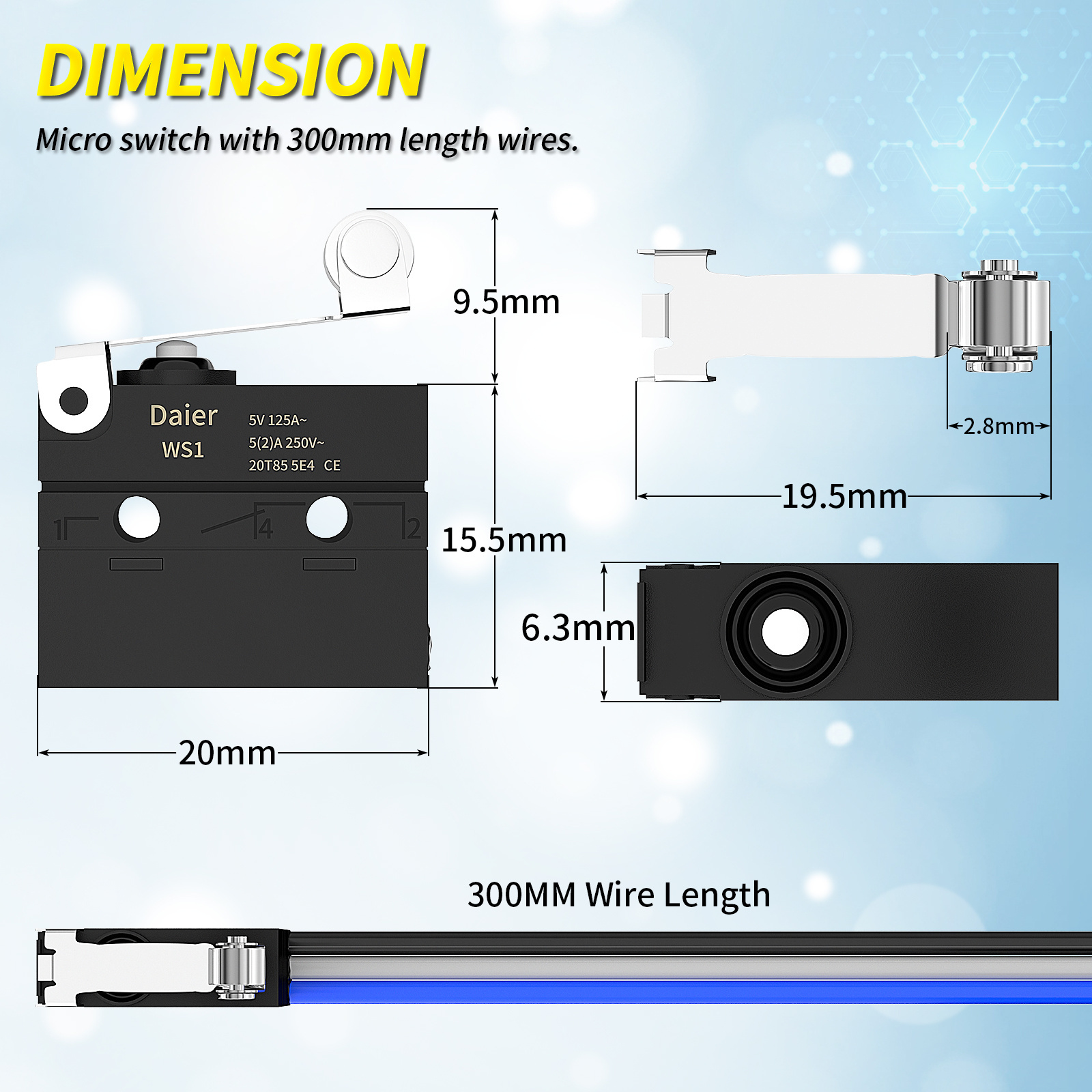 300MM Wire 5A 250VAC IP67 Micro Limit Switch Waterproof Button Micro Switch SPDT Electric Micro Switches With Roller Lever