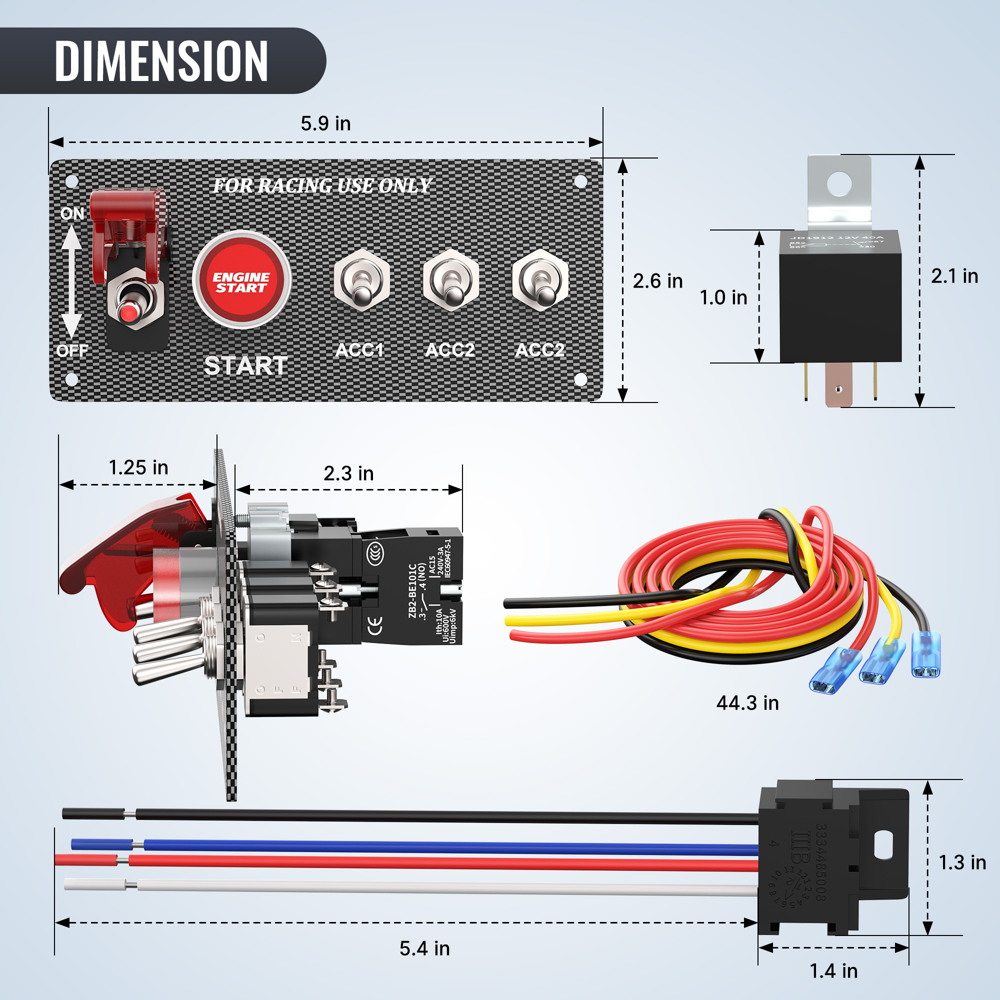 5 in 1 Engine Start Push Button LED Indicator Toggle Switches 12V Pre-wired Relay Car Racing Ignition Switch Panel for Marine RV