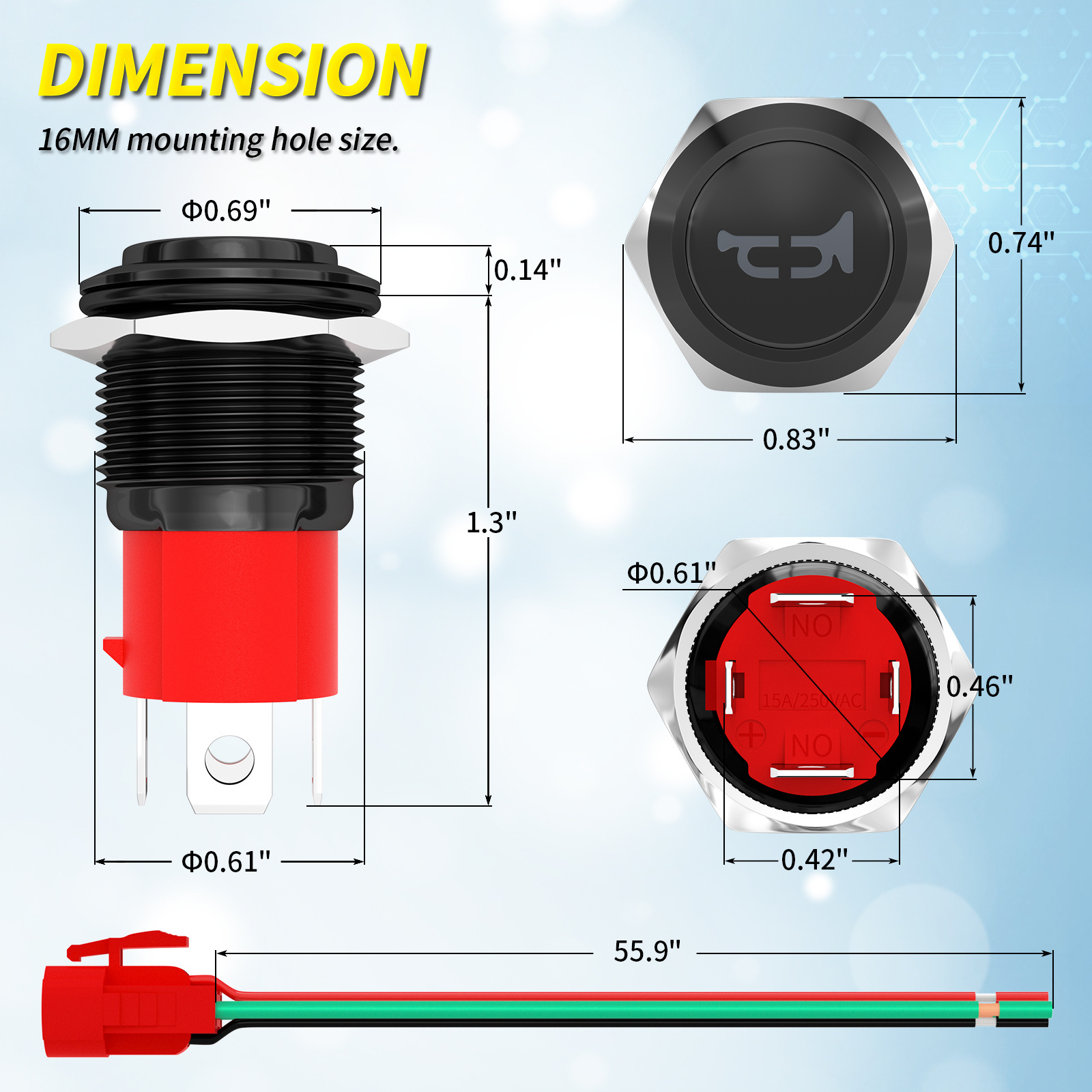 Horn Button Switch 12V 20A  Heavy Duty Momentary 16MM LED Metal Push Button Switch with Horn LED Light Wire Harness for Boat Air