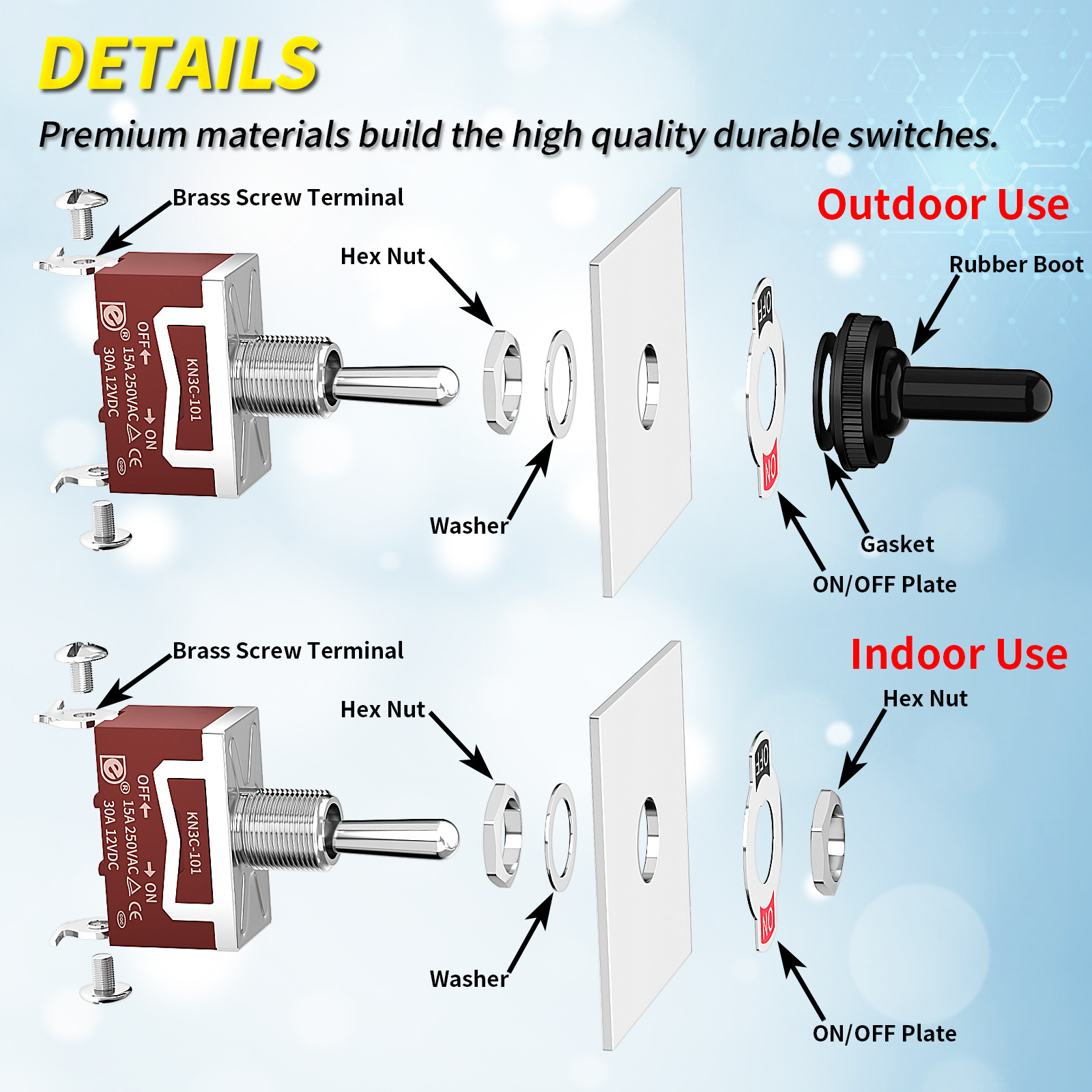 Marine Toggle Switch 12V DC 30A Waterproof Toggle Switch 250V AC 15A Heavy Duty with Weatherproof Boot Cover SPST ON/Off 2 Pin