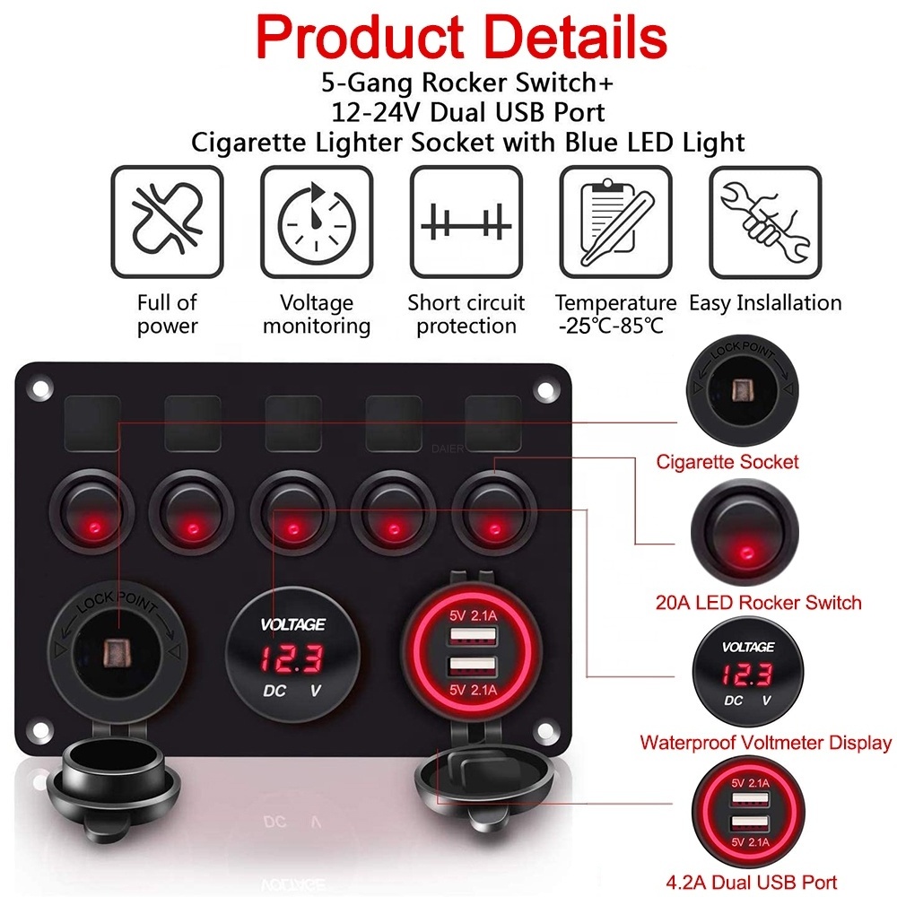 IP65 12V 5 Gang 4.2A Dual Cigarette Light Socket Voltmeter Display ON OFF Marine Rocker Instrument Switch Panel With USB Charger