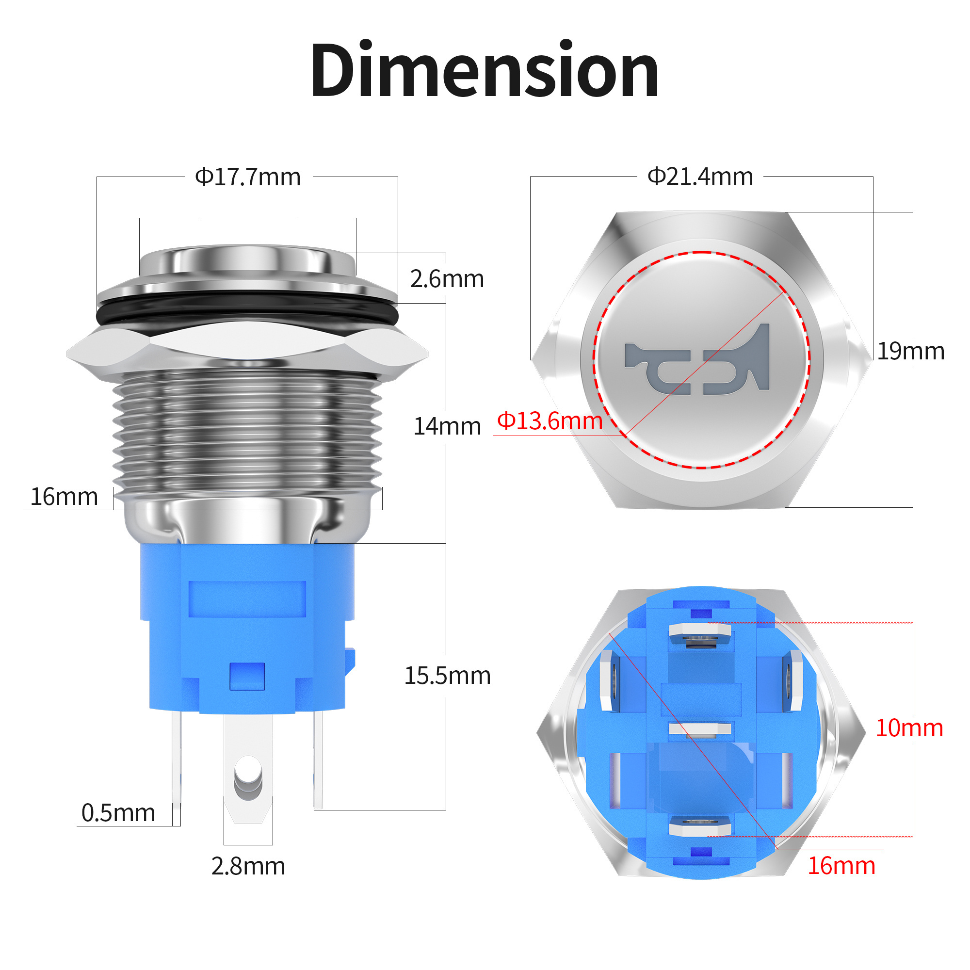 Factory Price Momentary 12V LED Horn Button Switch OFF-(ON) Ring Illuminated Blue Light Push Button Switch 16MM for Marine Boat