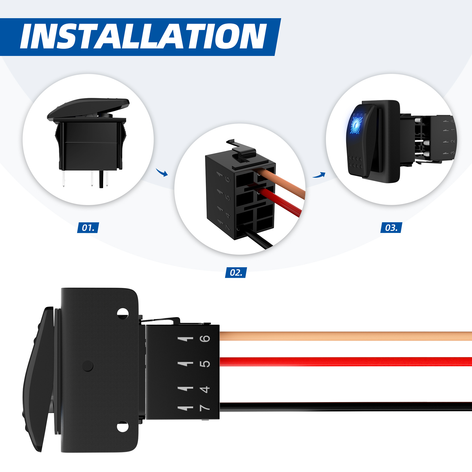 Automotive Carling DC 12v Waterproof rocker switches SPST ON-OFF Blue Lighted Marine Switch With Bracket Cable Socket