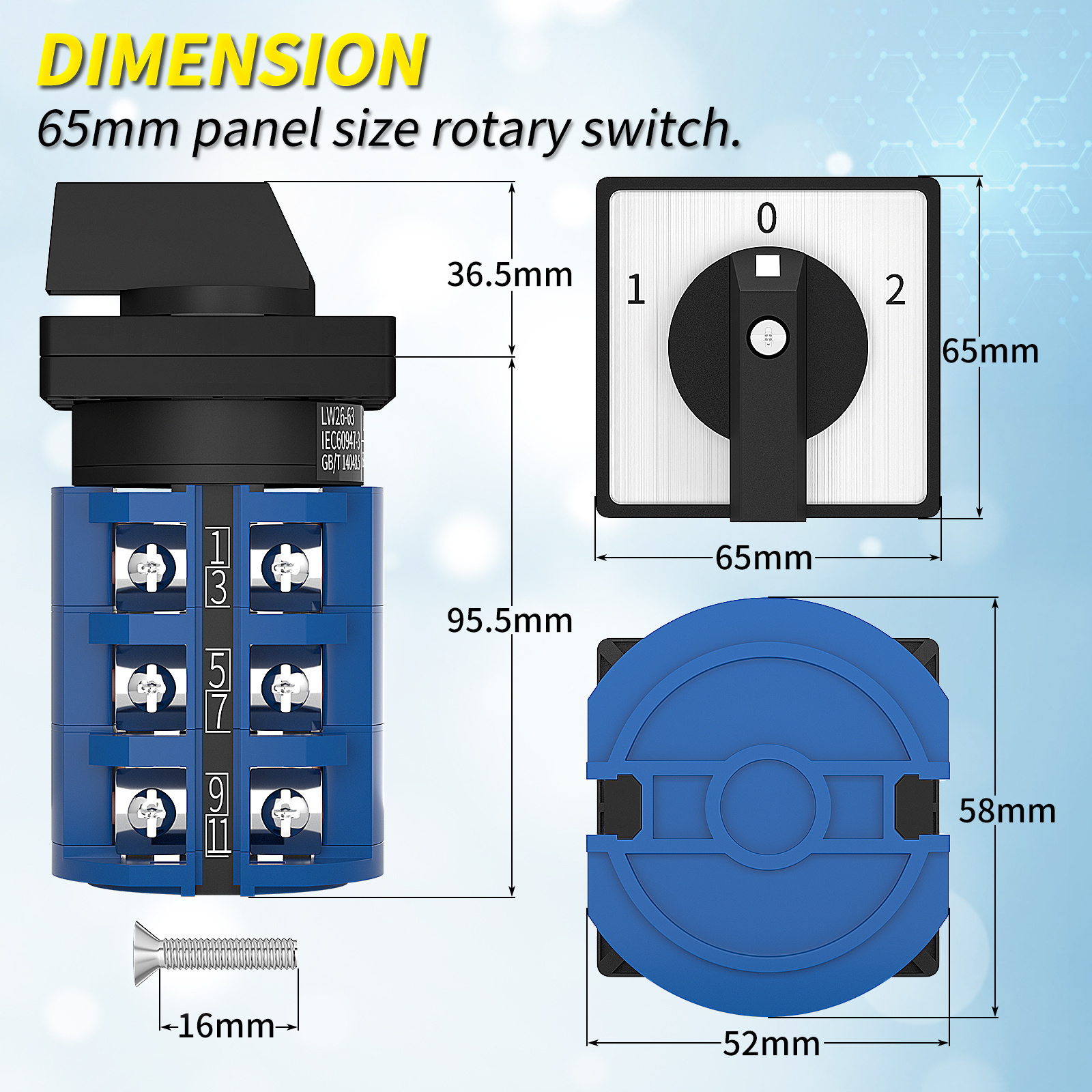 Rotary Switch 3 Position Selector Switch 12 Terminals 63A 690V AC ON/Off/ON Changeover Switch Latching Universal Switch Selector