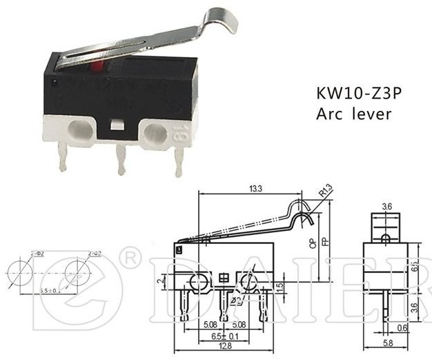 Mouse Switch Microswitch 1A 125VAC SPDT Arc Lever Mini Two Way Latch Micro Switch KW10 With PCB Terminal