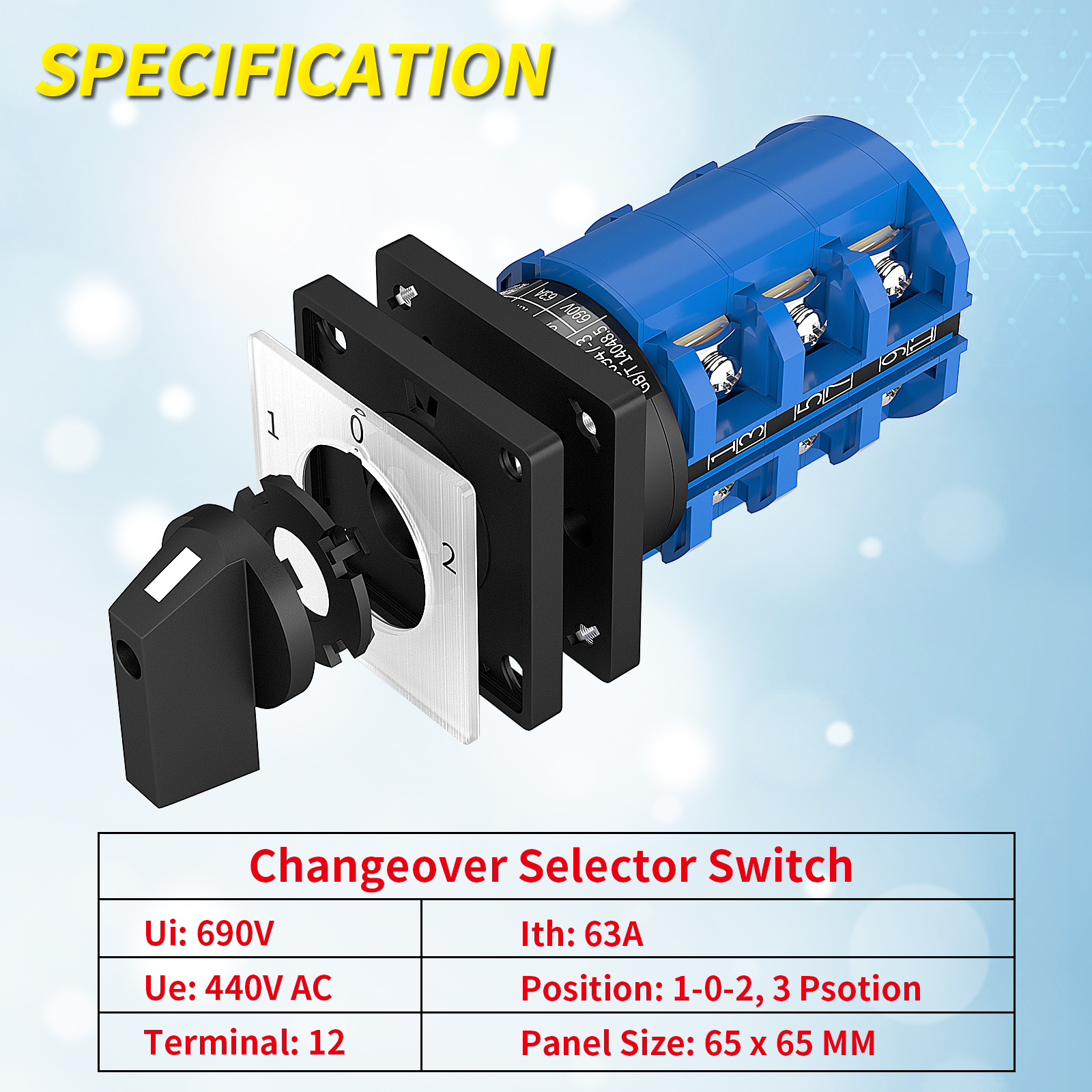 Rotary Switch 3 Position Selector Switch 12 Terminals 63A 690V AC ON/Off/ON Changeover Switch Latching Universal Switch Selector