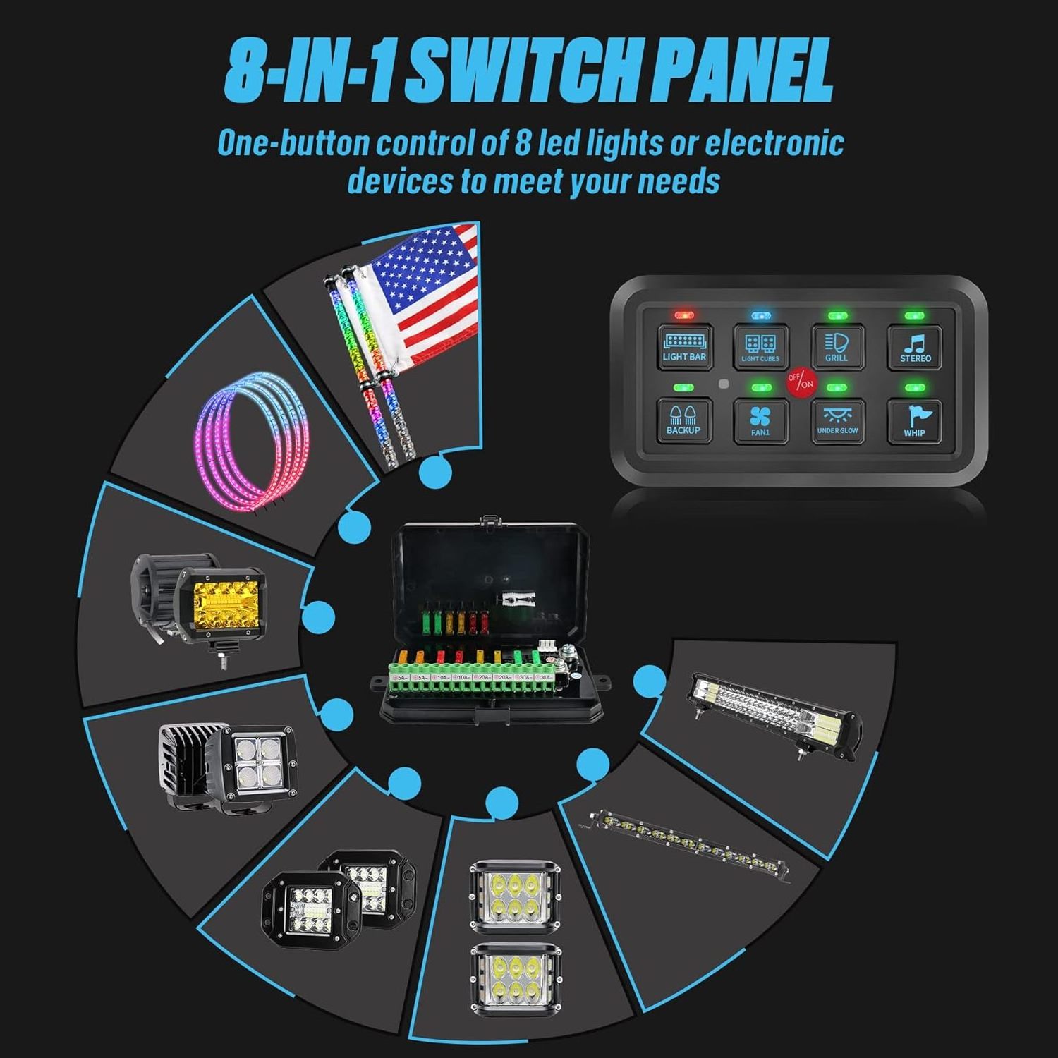 8 Gang Electronic Relay System Panel Control Universal Led Switch Vehicle Switch Control Panel  With Circuit Control Box