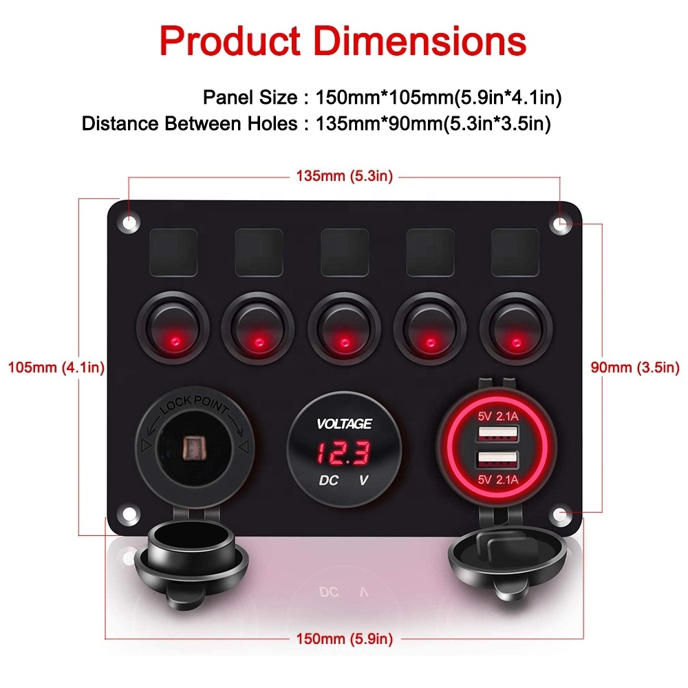 IP65 12V 5 Gang 4.2A Dual Cigarette Light Socket Voltmeter Display ON OFF Marine Rocker Instrument Switch Panel With USB Charger