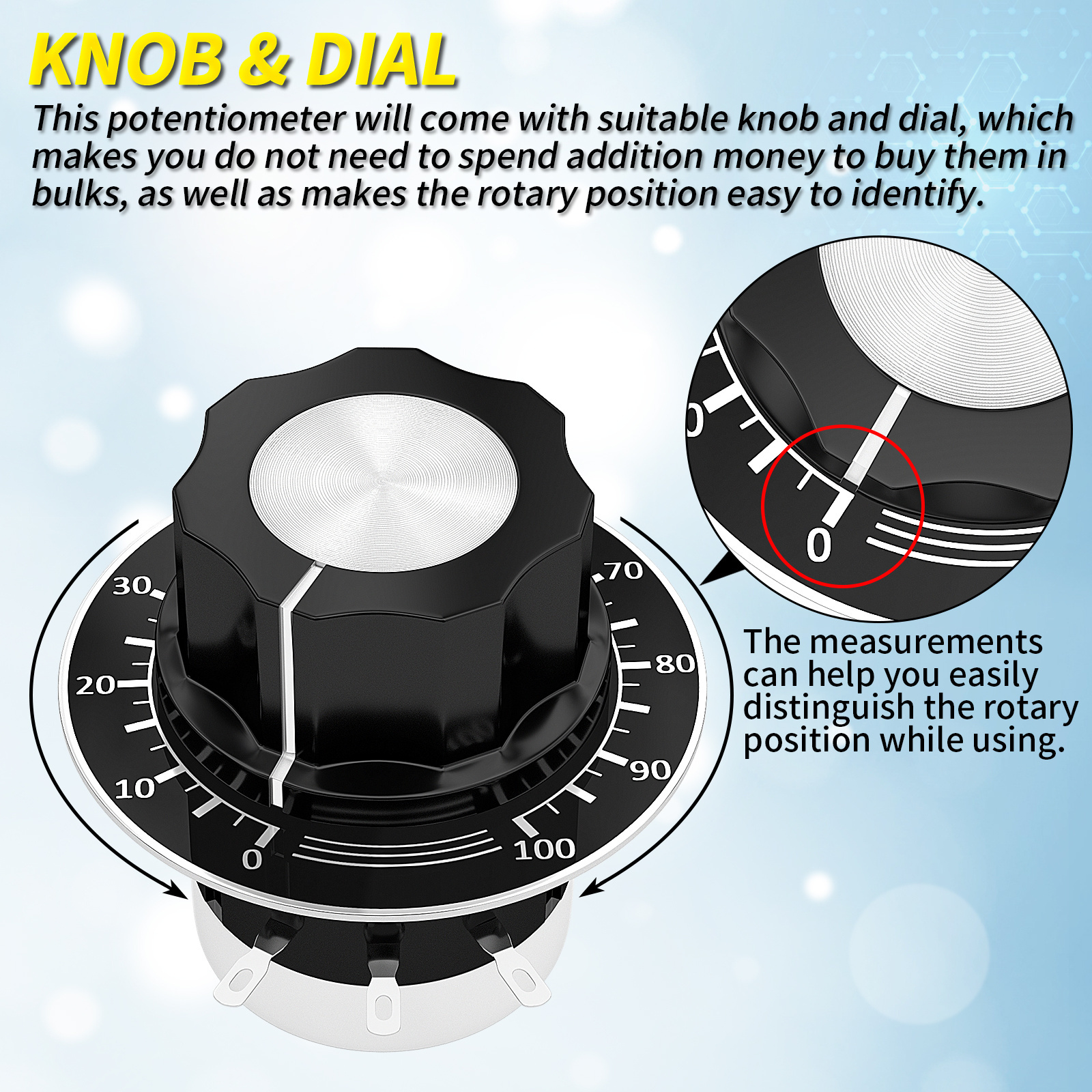 B10K Potentiometer Single Carbon Film Rotary 10K Ohm Potentiometers with A03 Knob & Dial for Inverter Speed Regulation Control