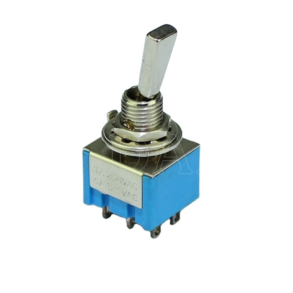 MTS-202-F1 Red Blue Base ON-ON Miniature Toggle Switch with 6 solder Terminals and Metal Flat Handle